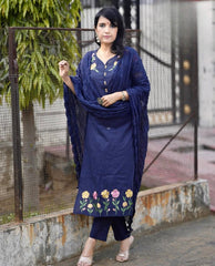 Navy Blue Embroidered Cotton Kurta and Pant Set with Dupatta