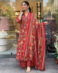 Reddish Floral Printed Cotton Kurta and Pant Set with Mulmul Dupatta