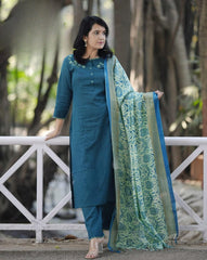 Nile Blue Embroidered Cotton Kurta and Pant Set with Dupatta