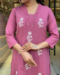Blush Pink Floral Embroidered Cotton Kurta Pant with Dupatta Set