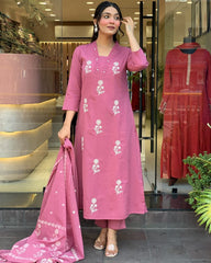 Blush Pink Floral Embroidered Cotton Kurta Pant with Dupatta Set