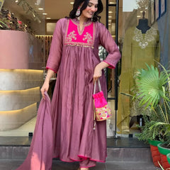 Mulberry Pink Embroidered Cotton Kurta Pant with Dupatta Set