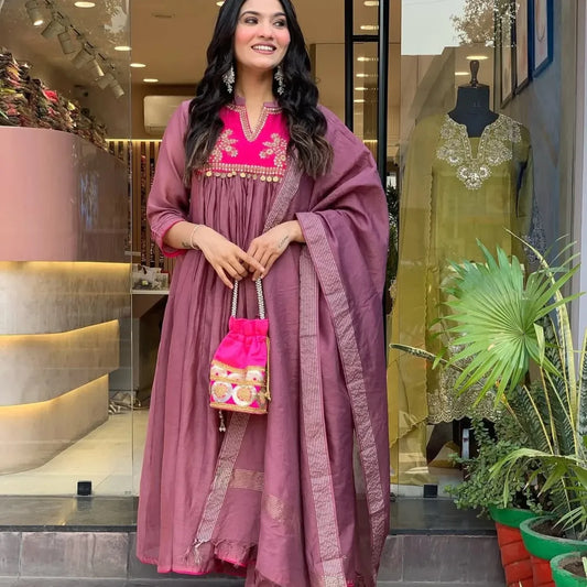 Mulberry Pink Embroidered Cotton Kurta Pant with Dupatta Set