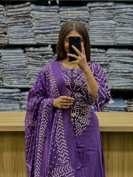 Elegant Purple Bandhani Kurta Set with Dupatta