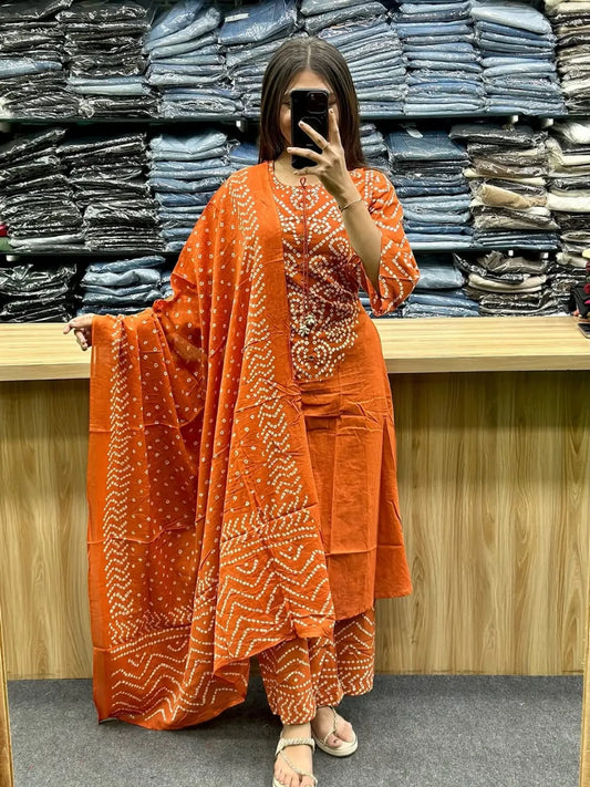 Rust-Orange-Bandhani-Printed-Kurta-Set-with-Palazzo
