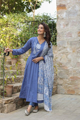 Embroidered Cotton Kurta Suit Set with Dupatta