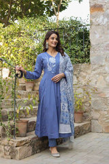 Embroidered Cotton Kurta Suit Set with Dupatta