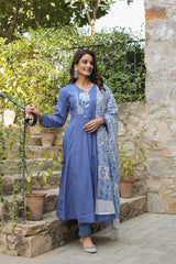 Embroidered Cotton Kurta Suit Set with Dupatta