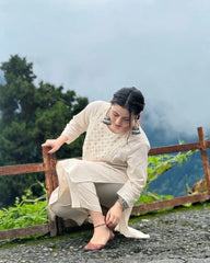 Off White Embroidered Cotton Kurta And Pant Set