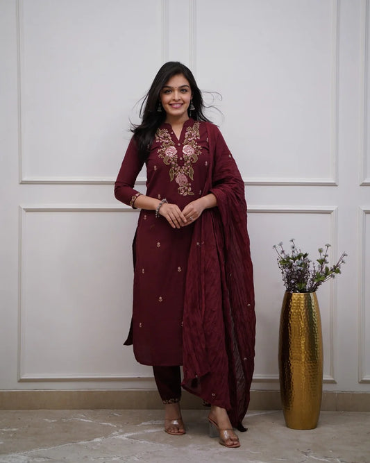 Maroon Embroidered Cotton Kurta and Pant Set with Dupatta