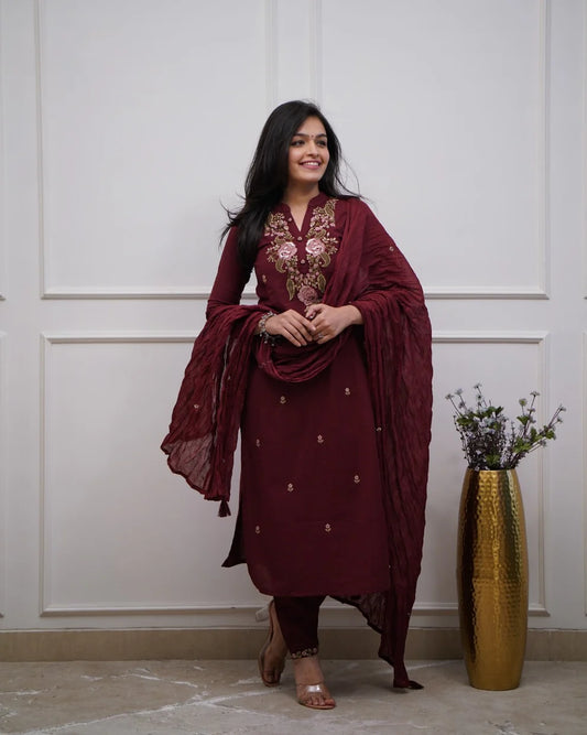 Maroon Embroidered Cotton Kurta and Pant Set with Dupatta