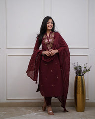 Maroon Embroidered Cotton Kurta and Pant Set with Dupatta