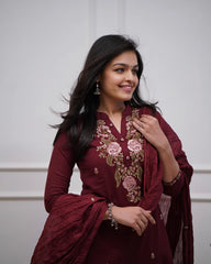Maroon Embroidered Cotton Kurta and Pant Set with Dupatta