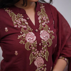 Maroon Embroidered Cotton Kurta and Pant Set with Dupatta