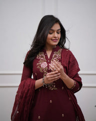 Maroon Embroidered Cotton Kurta and Pant Set with Dupatta