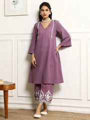 Light Mauve Embroidered Cotton Kurta and Pant Set with Dupatta