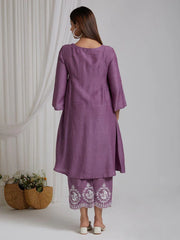 Light Mauve Embroidered Cotton Kurta and Pant Set with Dupatta