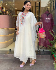 White Embroidered Chanderi Kurta and Pant Set with Dupatta
