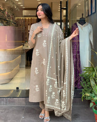 Subtle Elegance Taupe Floral Embroidered Kurta Set