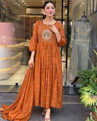 Rust Brown Floor-Length Anarkali Suit with Embroidery and Dupatta
