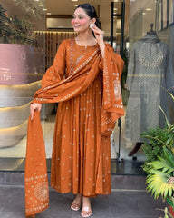 Rust Brown Floor-Length Anarkali Suit with Embroidery and Dupatta