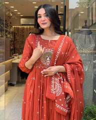 Rust Orange Embroidered Anarkali Suit with Dupatta for Women