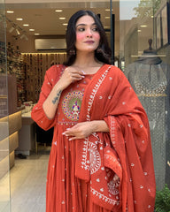 Rust Orange Embroidered Anarkali Suit with Dupatta for Women