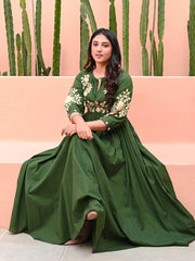Green Hand Embroidered Cotton Anarkali Gown