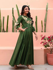 Green Hand Embroidered Cotton Anarkali Gown