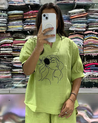 Pastel Green Embroidered Art Line Face Print Cotton Co-Ord Set