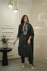 Olive Green Embroidered Cotton Kurta and Pant Set with Dupatta