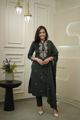 Olive Green Embroidered Cotton Kurta and Pant Set with Dupatta