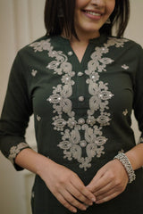 Olive Green Embroidered Cotton Kurta and Pant Set with Dupatta
