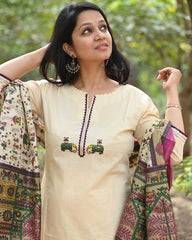 Off White Embroidered Cotton Flex Kurta and Pant Set with Dupatta