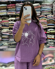 Purple Embroidered Art Line Face Print Cotton Co-Ord Set