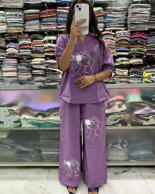 Purple Embroidered Art Line Face Print Cotton Co-Ord Set