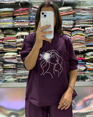 Plum Embroidered Art Line Face Print Cotton Co-Ord Set