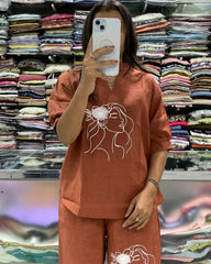 Brown Embroidered Art Line Face Print Cotton Co-Ord Set