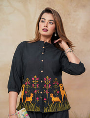 Black Embroidered Floral & Deer Cotton Co-ord Set