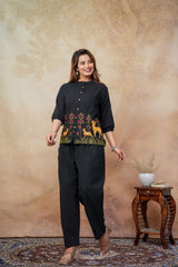 Black Embroidered Floral & Deer Cotton Co-ord Set