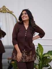 Dark Brown Embroidered Floral & Deer Cotton Co-ord Set