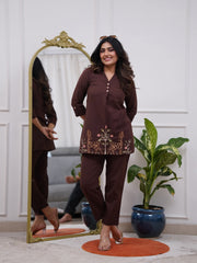 Dark Brown Embroidered Floral & Deer Cotton Co-ord Set