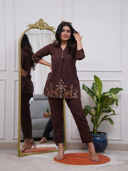 Dark Brown Embroidered Floral & Deer Cotton Co-ord Set