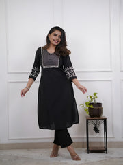 Black Embroidered Floral & Geometric Kurta and Pant Set