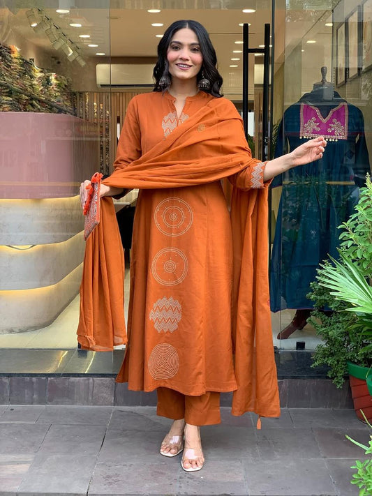 Rust Orange Embroidered Cotton Suit Set with Dupatta