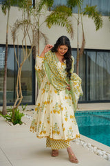 Floral Printed Anarkali Calf Length Cotton Kurta with Trousers & Dupatta