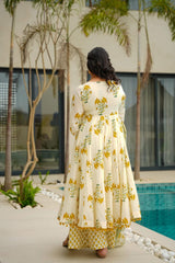 Floral Printed Anarkali Calf Length Cotton Kurta with Trousers & Dupatta