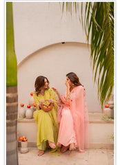 Label roohani Women Blush Pink Cotton Embroidery Kodi Lace Kurta Pant and Dupatta set