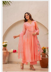 Label roohani Women Blush Pink Cotton Embroidery Kodi Lace Kurta Pant and Dupatta set
