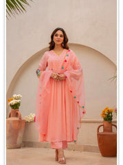 Label roohani Women Blush Pink Cotton Embroidery Kodi Lace Kurta Pant and Dupatta set